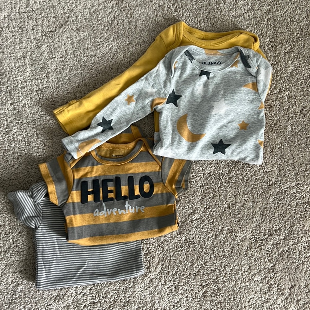 Long sleeve 0-3 month, short sleeve 3-6 month yellow and grey onesies